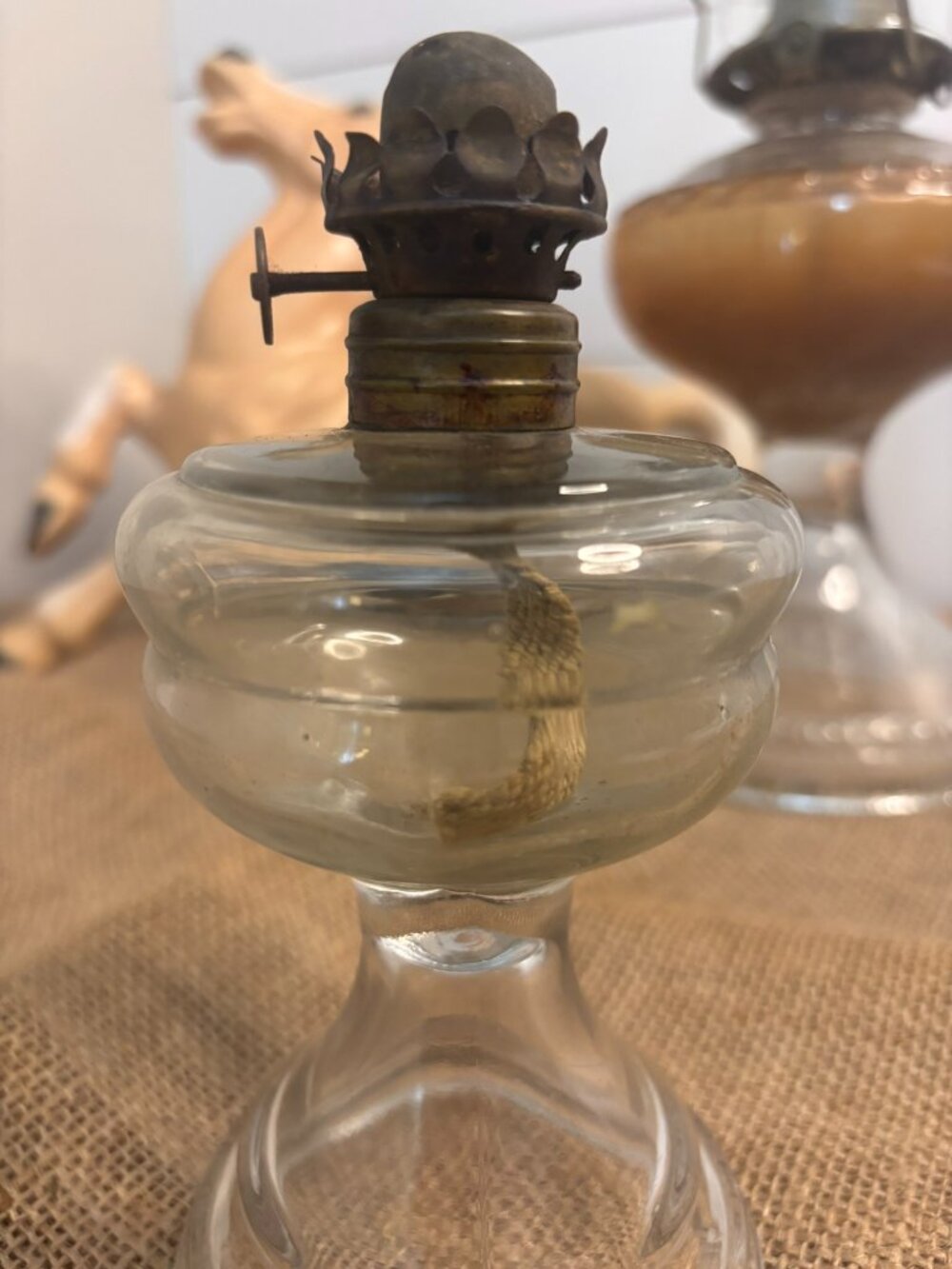 VTG P&A Mfg Co Acorn Miniature Clear Glass Pedestal Oil Lamp